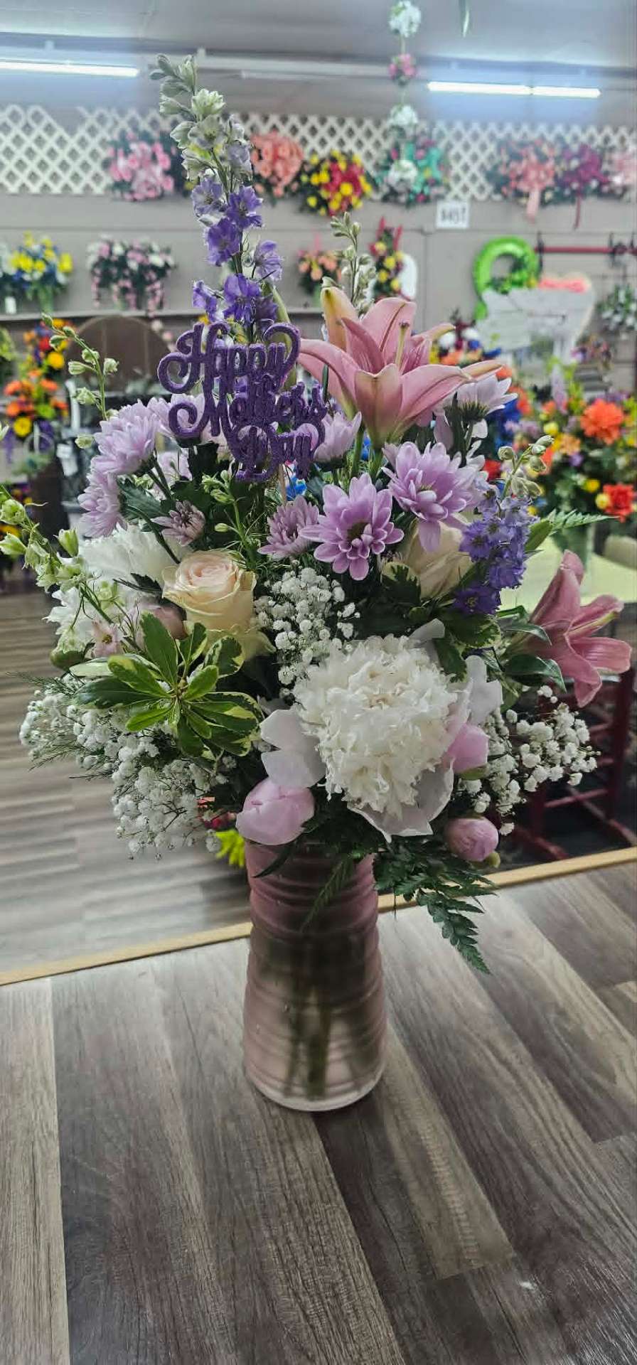 Lavender Mother's Day bouquet with lily and white carnations