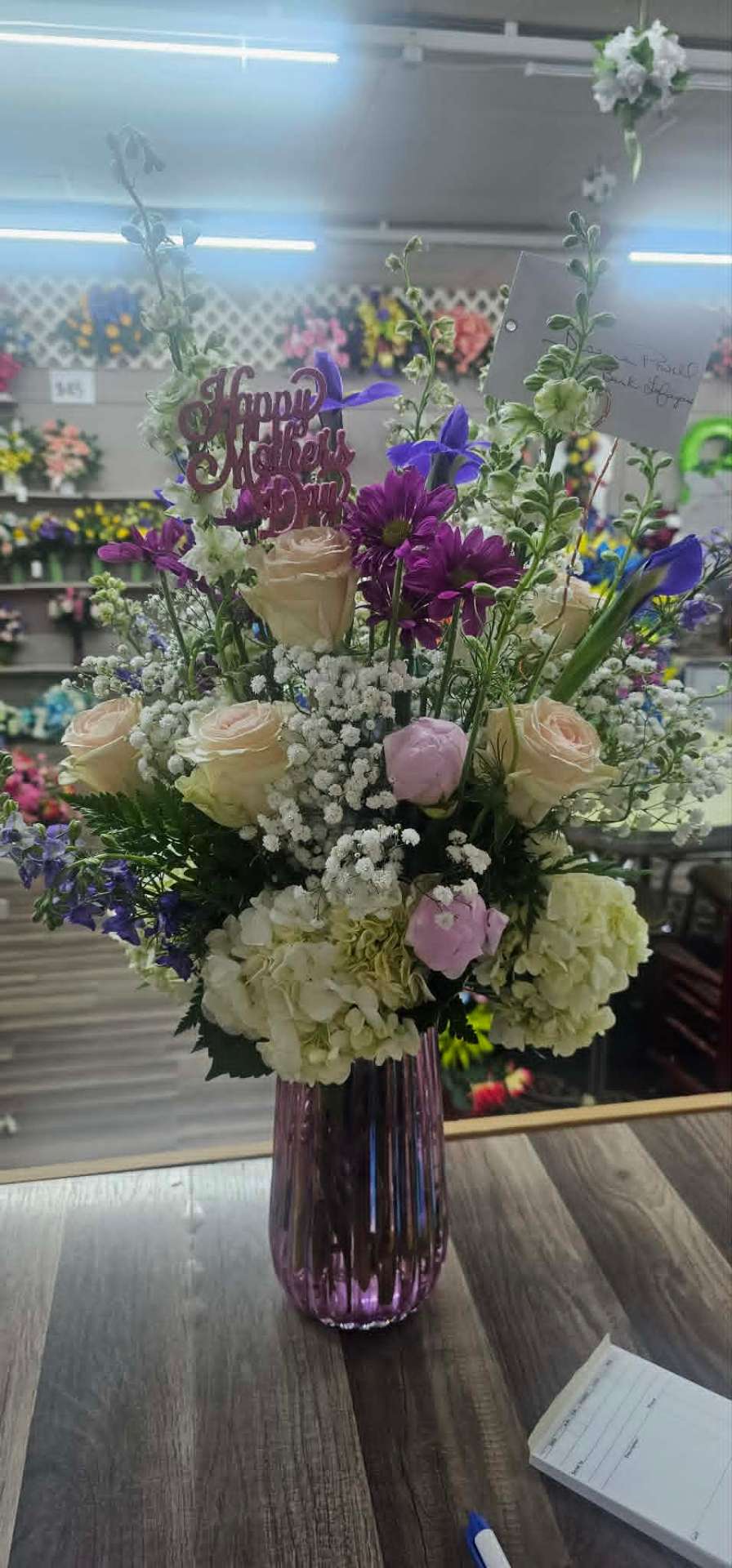 Tall Mother's Day arrangement with cream roses and hydrangea