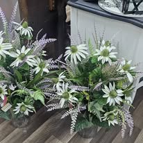 White coneflower and lavender heather arrangements