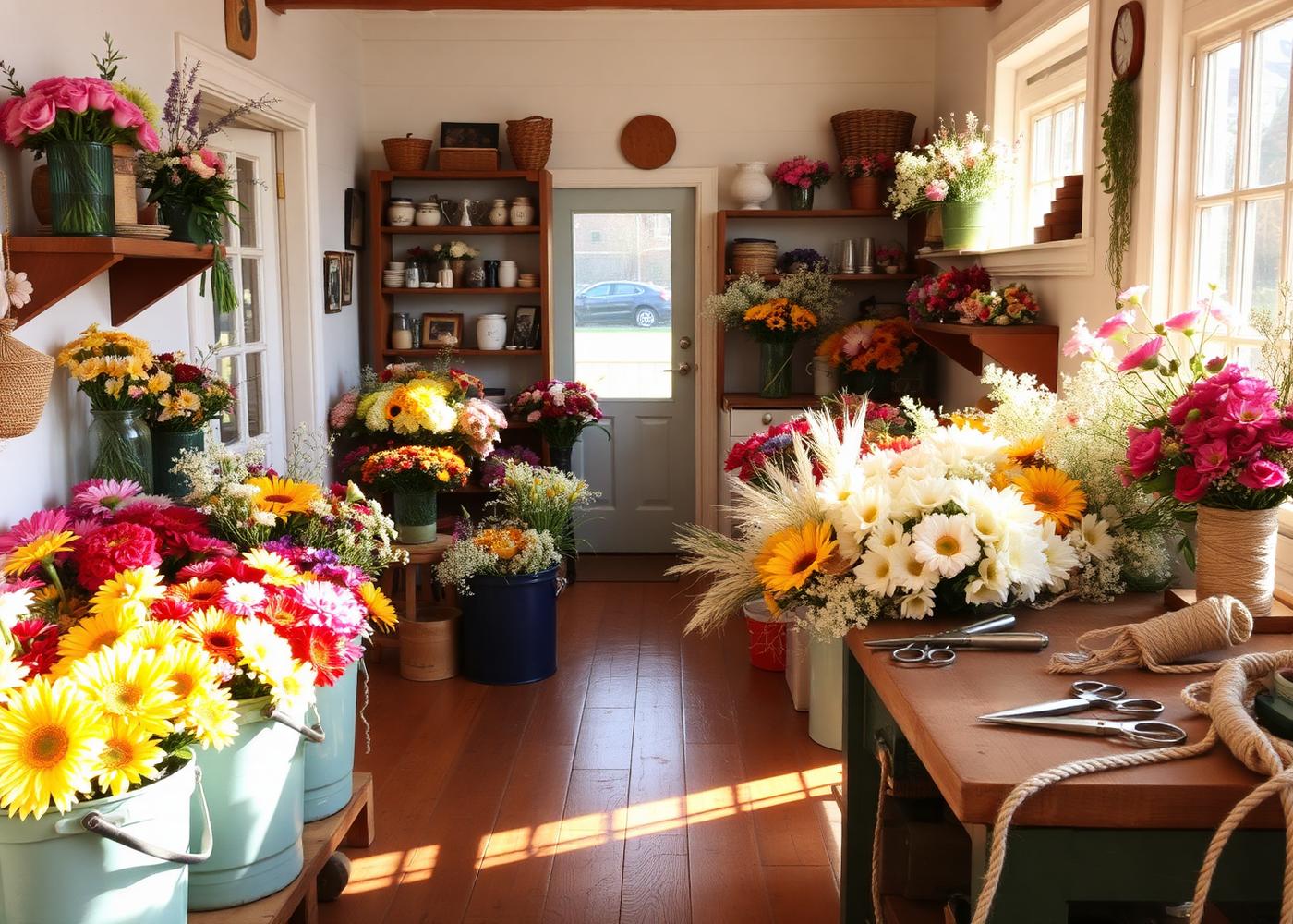 Inside our flower shop on a sunny morning